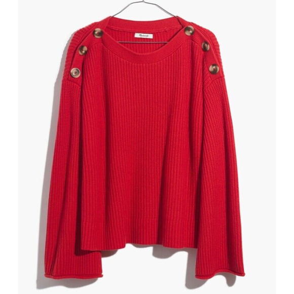 MADEWELL Calloway Boatneck Ribbed Wool Sweater Oversized Buttons Enamel Red Sz S - Picture 2 of 9
